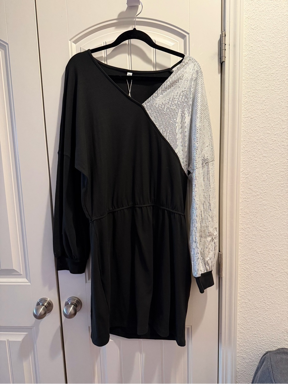 Asymmetrical Black Midi Dress with Silver Sequin Sleeve